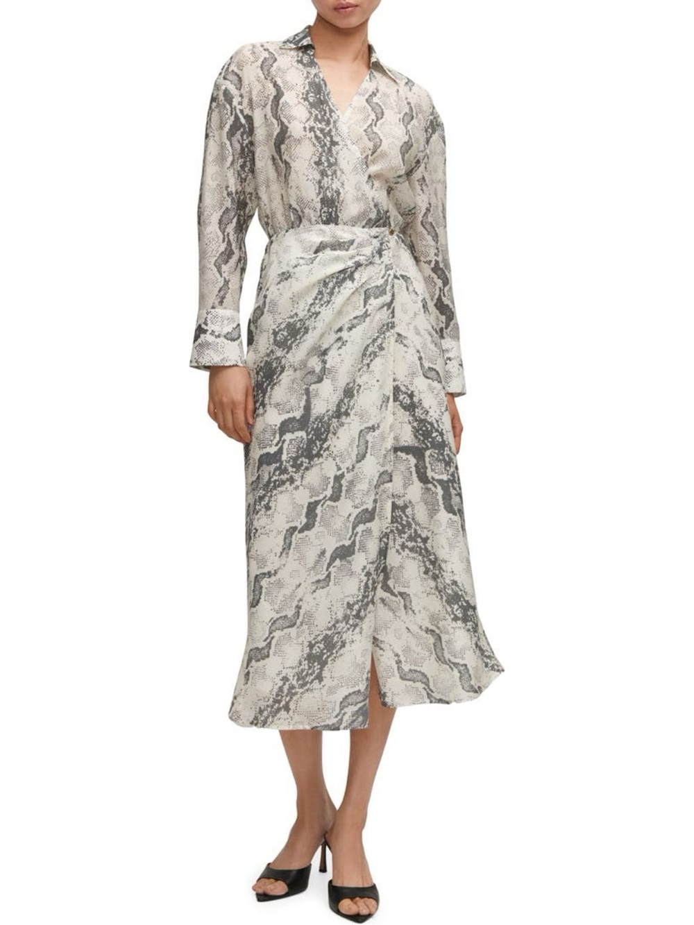 Mango Snake Print Long Sleeve Wrap Midi ShirtDress Size S